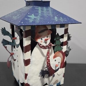 Festive Snowman Lantern with Blue Roof, Holds Tea Light, Metal